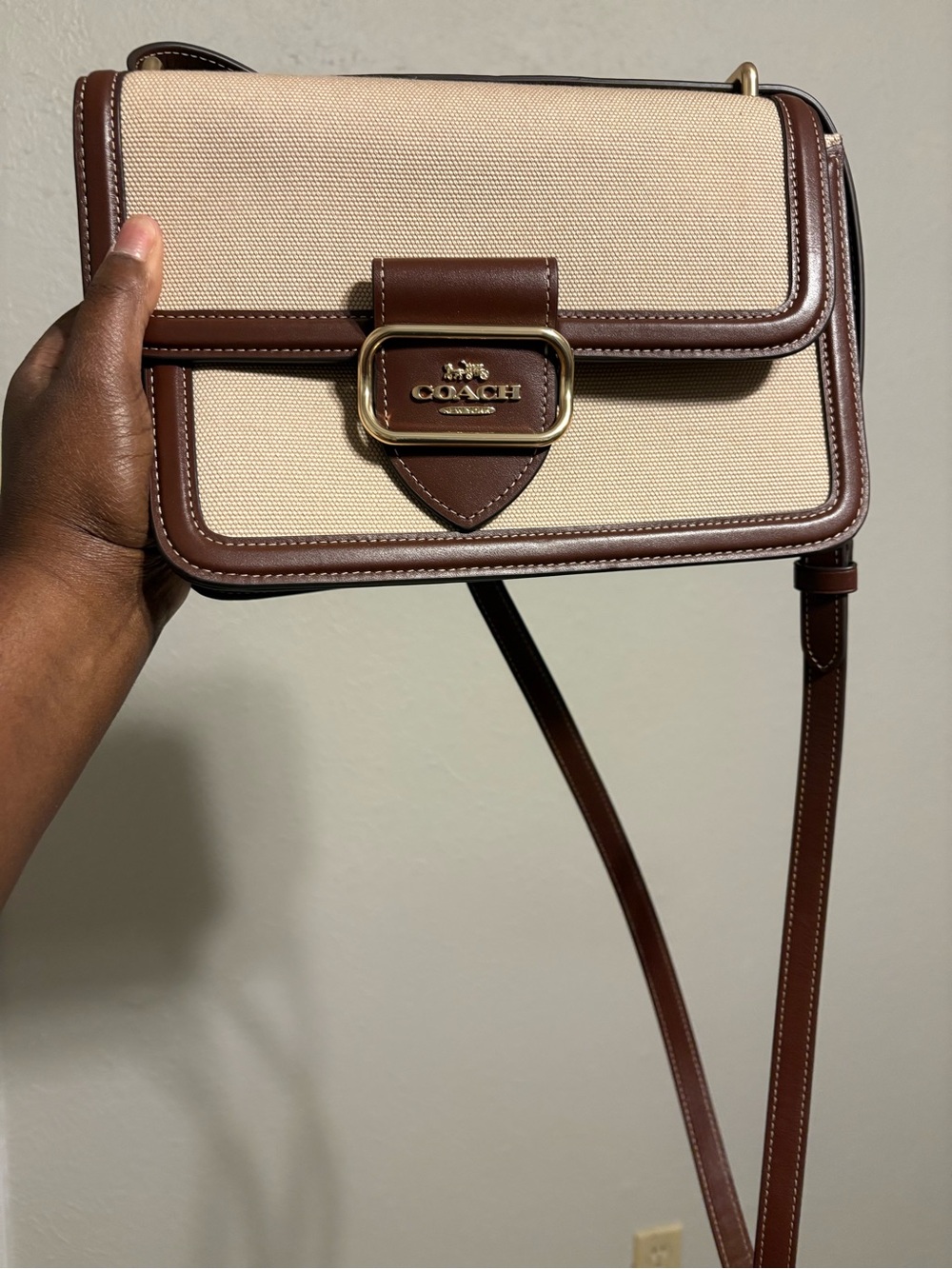 Coach Beige and Brown Leather Trim Crossbody with Gold Hardware